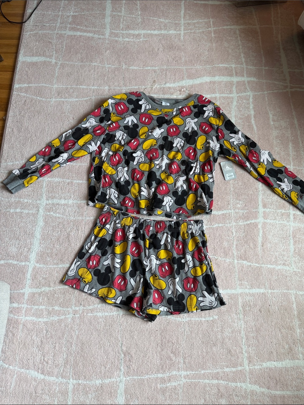 Disney Grey Mickey Mouse Pajama Set with Red & Yellow Accents